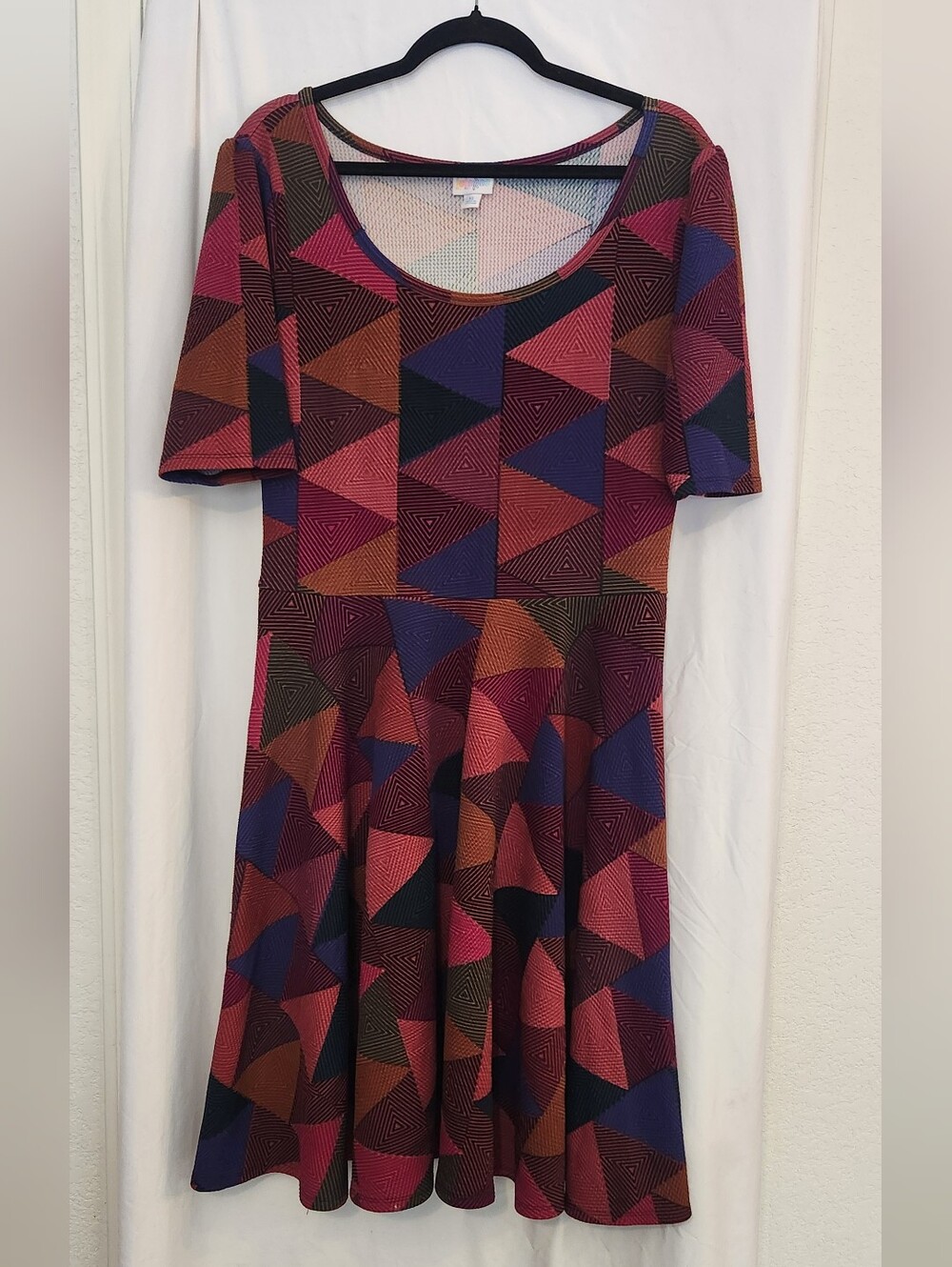 LuLaRoe Scoop Neck Abstract Fit & Flare Stretch Dress Burgundy, Navy, Rust, XL